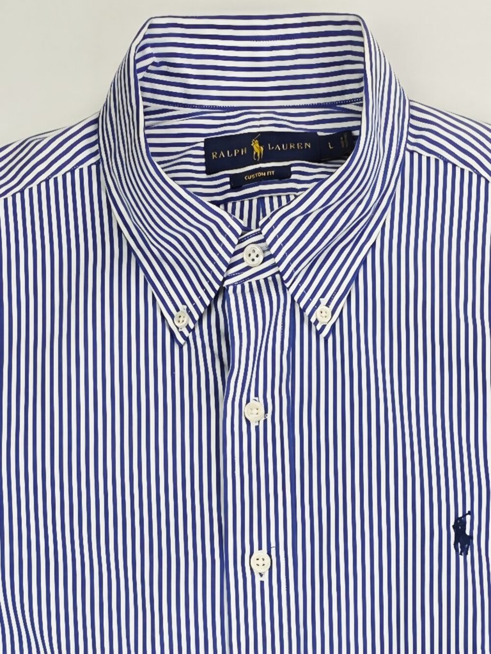 Ralph Lauren Custom Fit Mens Blue White Stripe Size Large Long Sleeve Logo Shirt